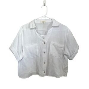 Love Notes White Gauze Button Down Cropped Top Short Sleeve Pockets Womens M